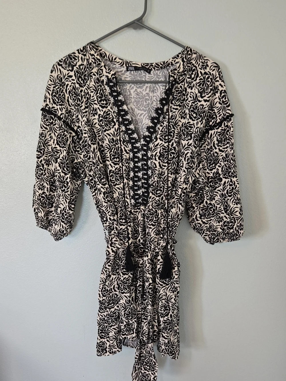 Zara | Black Printed Linen Balloon Sleeve Short Romper Size Large